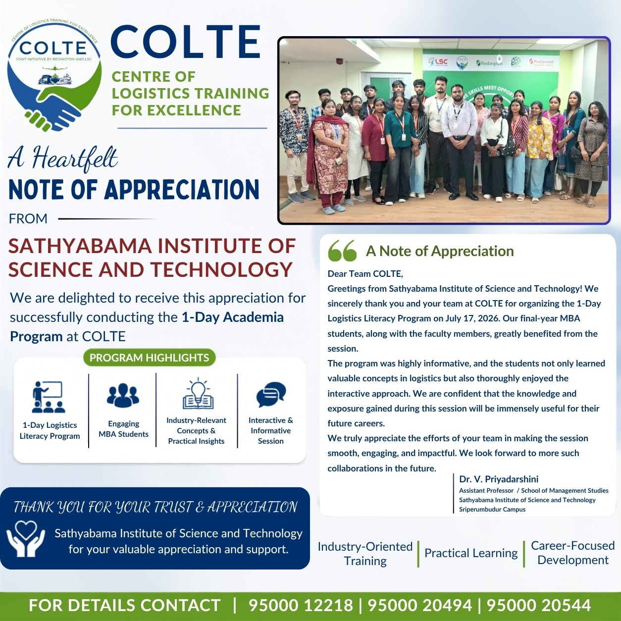 Note of Appreciation from Sathyabama Institute of Science and Technology